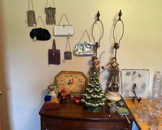 Vintage purses, Art deco vanity set, Antique French Victorian Moreau Figural Metal Table Lamps, Vintage rooster kitchen tray