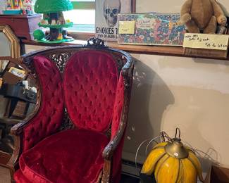 Antique chair, vintage shwag lamp, 