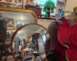 Vintage toys/playsets, large round waterfall mirror, large gold framed mirror