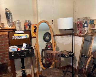 Craft lot with case, vintage 1970s Yamaha Kyugetsu Japanese Dolls, MCM style table lamp, antique bankers chair, large floor mirror 
