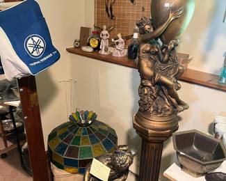MCM bronze-finish resin figural floor vase and pedestal, chalkware statue, a vintage 1970s Tiffany-style multi-color paneled hanging swag lamp,vintage Touring Yamaha '77 airline bag 