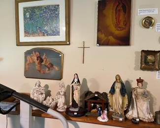Vintage devotional statues, hand painted Italian art, MCM handmade German cross