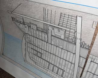 Fabulous 5 section original ship drawing 