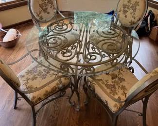 Glass Top Metal Frame Table and 4 Upholstered Chairs
