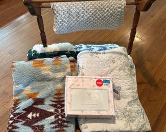 Wood Quilt Rack Mystery Lot of Bedroom Linens Including Throw Pillow Covers
