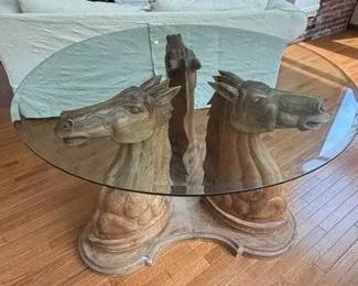 Carved Wood Horse Heads Coffee Table with Glass Top