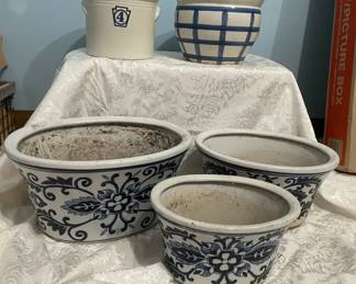 Set of Three Matching Ceramic Planters, Blue White Planter, Vintage Ceramic Crock