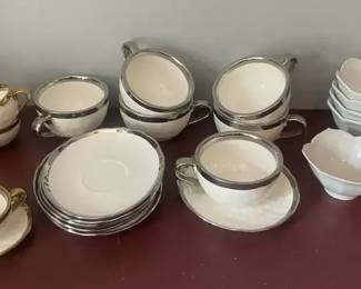 Pier 1 White Lotus Desert Bowls, Matching Gold Silver Cup Saucer Sets