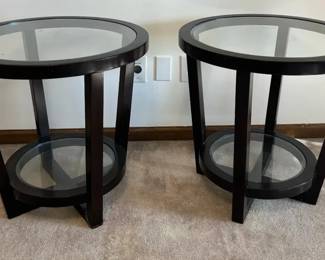 2 Round Wood And Tempered Glass Side Tables
