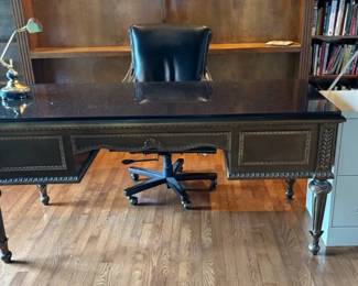 European Revival Styled Wood Desk with Leather Nailhead Trim Chair, Metal File Cabinet and Desk Lamp