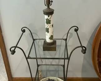 Glass Metal Three Tiered Table, Antique Handpainted Lamp, Bowl w Fake Fruit