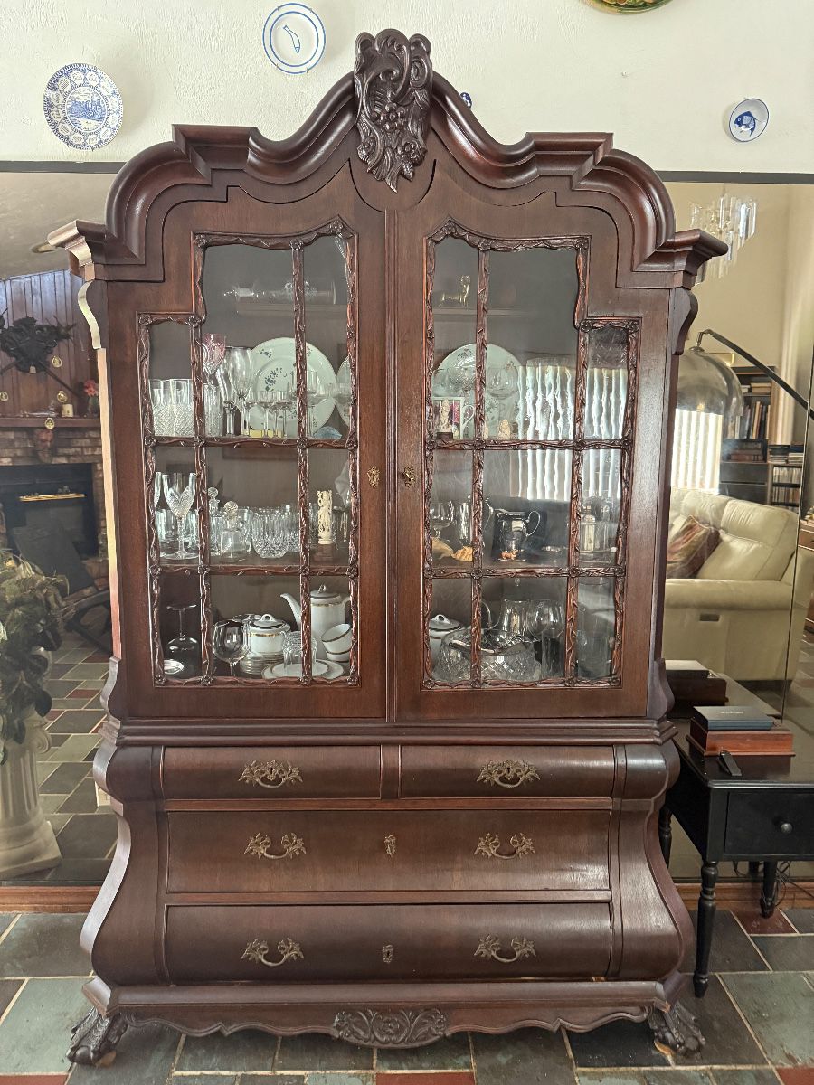 Available now! Ornate walnut Bombay style base cabinet 