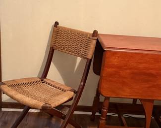 Available now! Hans Wegner style MCM walnut rope cord folding chair stamped “Yugoslavia” Excellent Condition! 