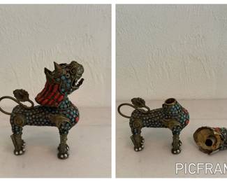 Foo Dog snuff box w/turquoise and red coral cabichons