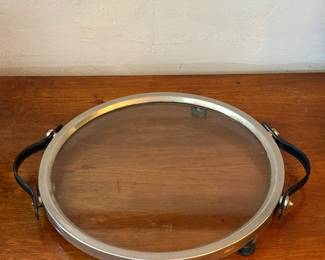 Art Deco Rollerball Footed Chrome and Glass Cocktail Tray w/Leather Handles