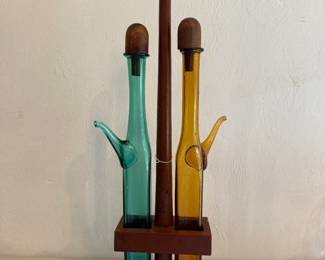 Vintage MCM amber & teal glass cruets w/wood carrier and stoppers