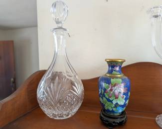 Glass decanters, cloisonne vase