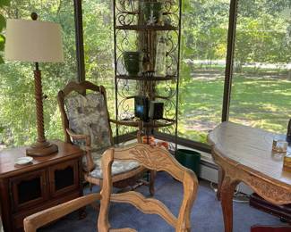 Vintage french provincial chairs and bakers rack