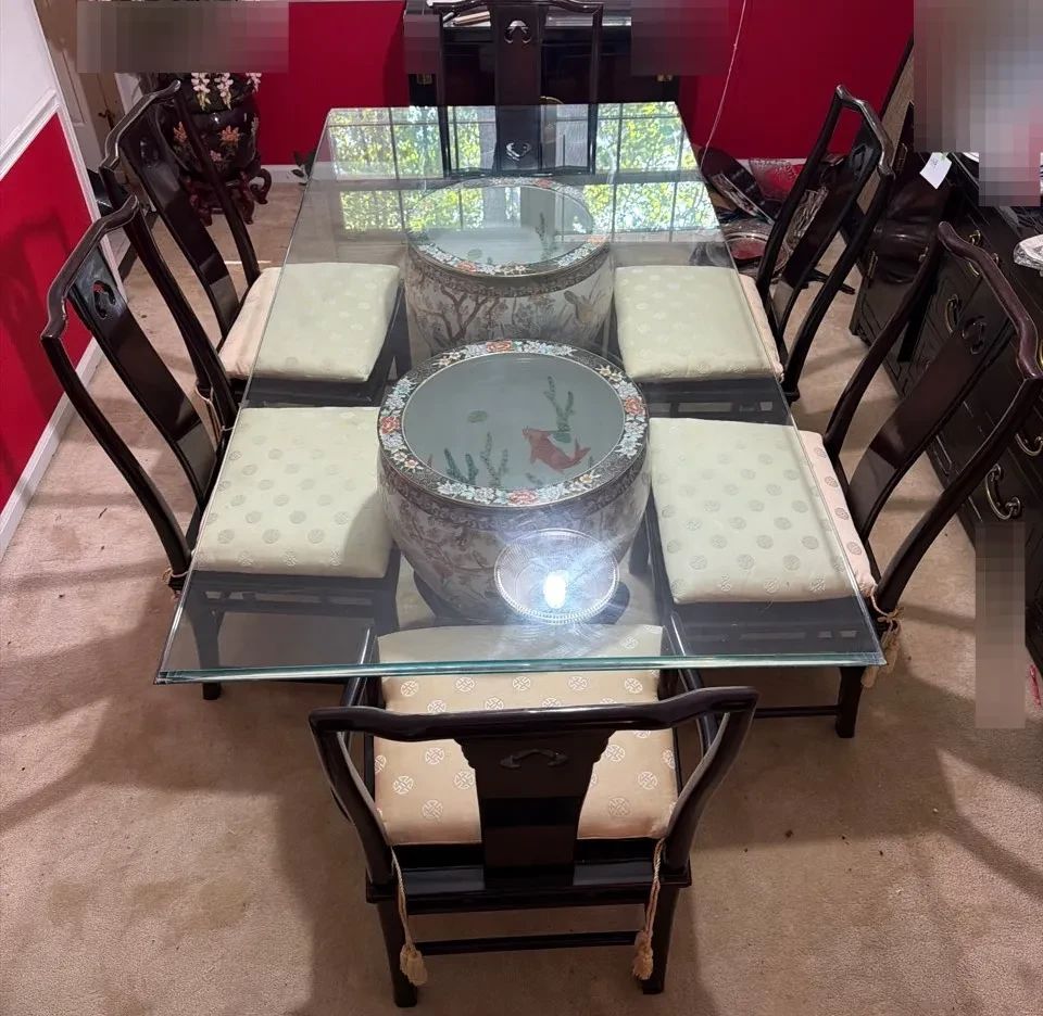 01 Vintage Chinese Porcelain Jardiniere Based Glass Top Dining Table With Six Lacquer Chairs