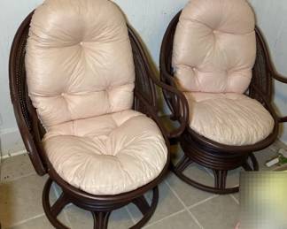 Pair Of Dark Brown Rattan And Wicker Swivel Rockers