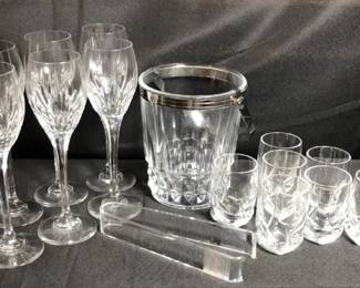 Vintage Vertical Cut Crystal Stemware Matching Tumblers And Ice Bucket Silver Plated Trim
