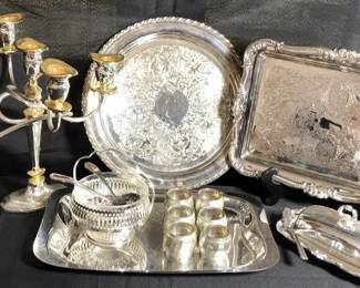 Vintage Silver Plated Serving Items Including Trays And Candelabra Ext