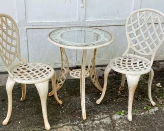 Outdoor Wrought Iron Glasstop Table And 2 Chairs