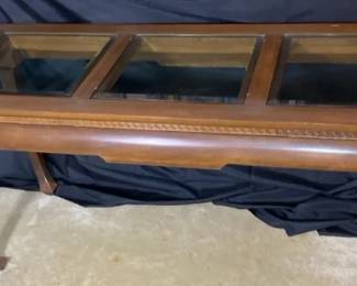 Vintage Wood Console Table With Inset Glass Panels And Curves Saber Legs
