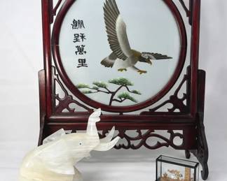 06 Vintage Chinese Double Sided Embroidery In Rotating Wood Frame , Carved Alabaster Elephant And More