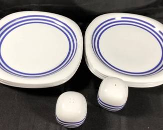 Vintage Rose that Studio Line Suomi Co Crept 3 Plates Matching Salt And Pepper Shakers Blue Stripes