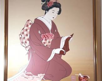 Bijinga Style Japanese Woman Signed Luke Framed Painting