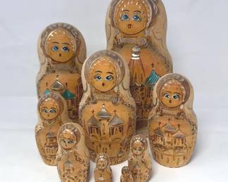 Russian Wood Burned 10 Handpainted Nesting Dolls