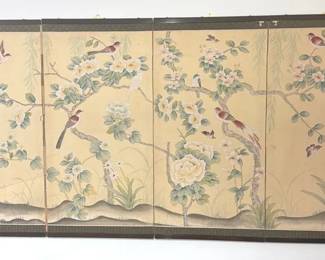 05 Vintage Japanese Hand Painted Four Panel Chinoiserie Screen With Birds