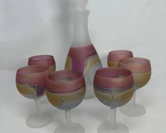 Vintage Frosted Glass Decanter With Six Pink And Yellow Cordial Glasses