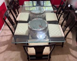 01 Vintage Chinese Porcelain Jardiniere Based Glass Top Dining Table With Six Lacquer Chairs