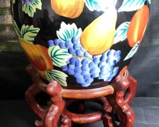 Vintage Hand Painted Fruit Motif Planter With Wooden Stand