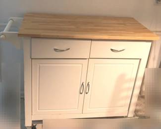 Homestyles Kitchen Cart Off White Cabinet Natural Wood Top Nickel Hardware