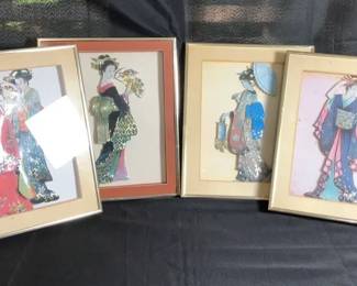 Set Of Four Vintage Japanese mixed media framed artwork