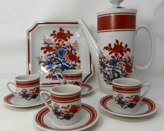 Vintage Seymour Mann Nara Porcelain Coffee Pot With Four Espresso Cups Saucers Tray