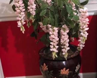 Faux Pink Wisteria Tree In A Black Laquuer Porcelain Chinese Fishbowl Planter With Wood Stand