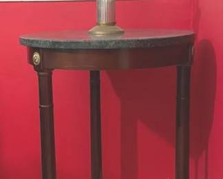 Empire Style Pedestal End Table With Green Marble Top With Brass Candlestick