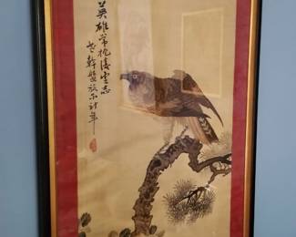 Antique Asian painted & embroidered panel