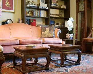 View of study: Antique Heriz, Chippendale style sofa, pr Asian occasional tables
