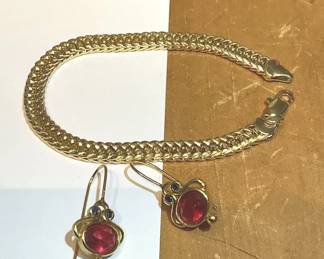 18K Gold Ruby Earrings And 18K Gold Bracelet