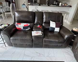 Dark Brown Leather Power Reclining Loveseat with Console