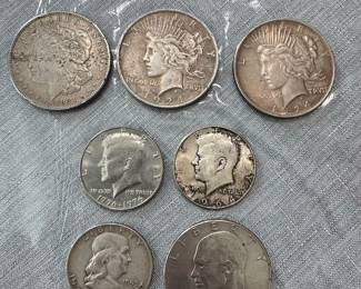 Lot of US 90% Silver Coins: Morgan Dollars, Peace Dollars, Quarters, Dimes, and Half Dollars