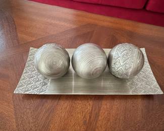 Decorative Silver-Tone Tray and Three-Sphere Set