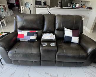 Dark Gray Leather Power Reclining Loveseat with Center Console