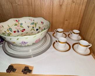 Minton Haddon Hall Floral Scalloped Serving Bowl and Gold-Rimmed Espresso Set