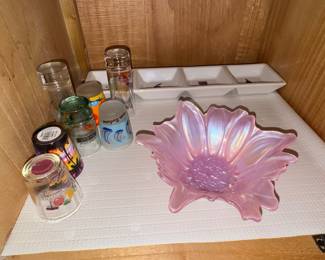 Akcam Turkish Iridescent Pink Glass Flower Bowl and Collection of Souvenir Shot Glasses